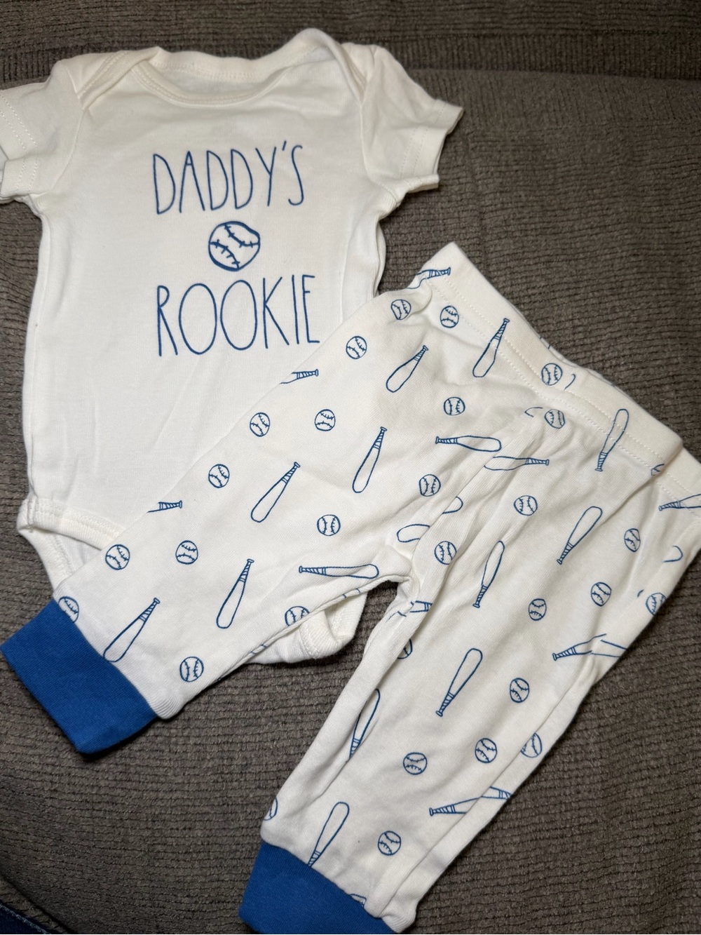 Rae Dunn White & Blue "Daddy's Rookie" Baseball Baby Set